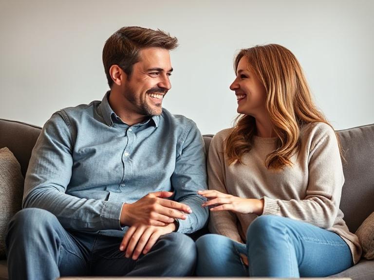 Lmft Website Template A Smiling Couple Sitting On A Couch Engaged In A Deep